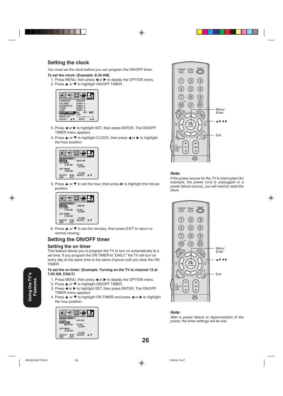 Setting the clock / on/off timer, Setting the clock, Setting the on/off timer | Setting the on timer, Using the tv ’s features | Toshiba 27AF53 User Manual | Page 26 / 38