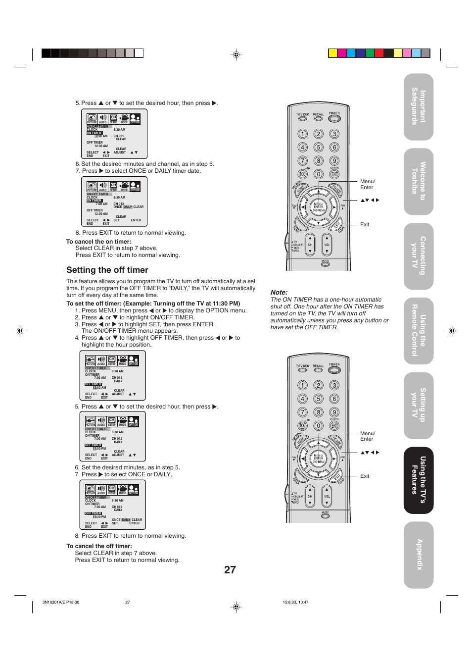 Setting the off timer, Using the tv ’s features | Toshiba 27AF53 User Manual | Page 27 / 38