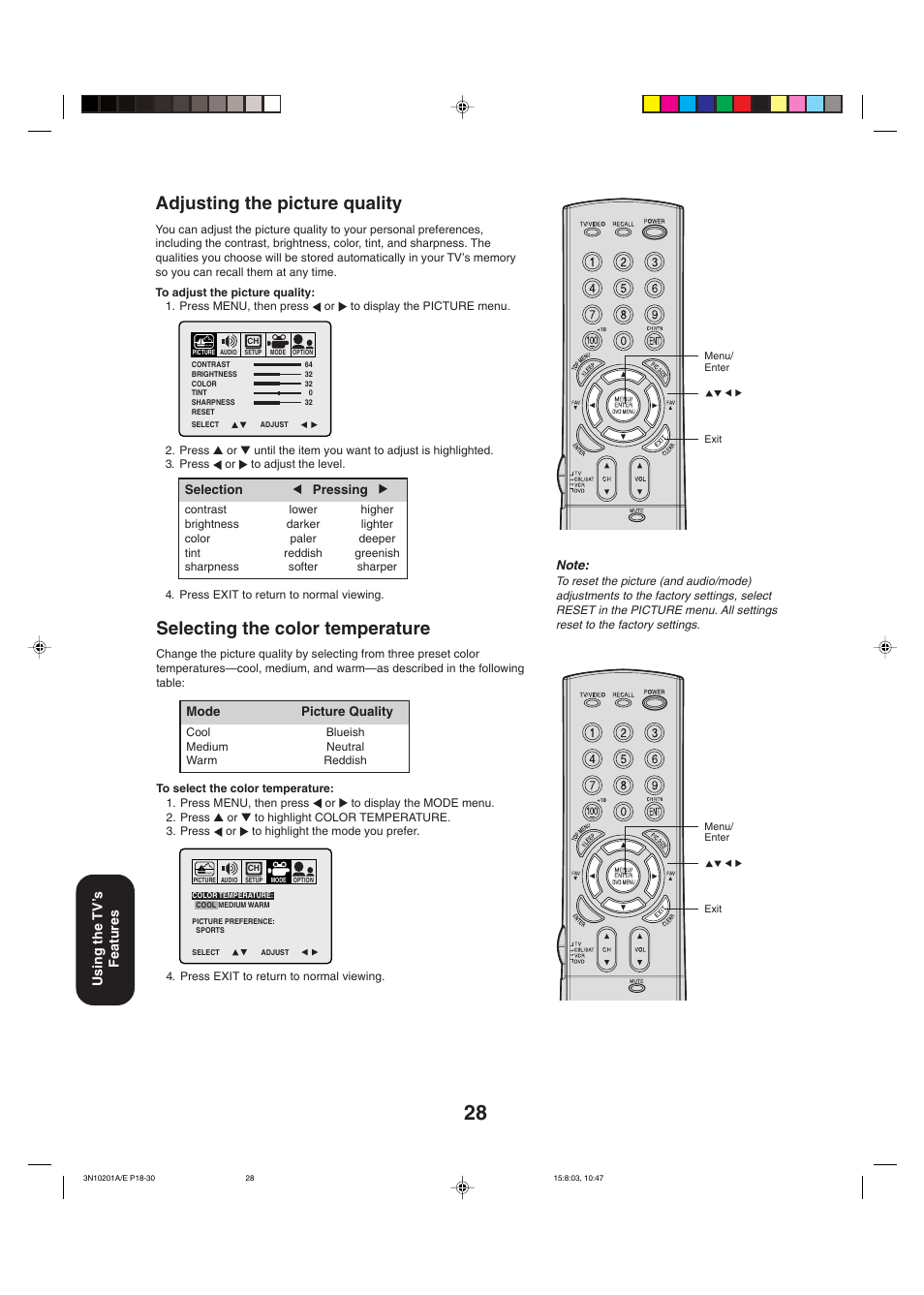 Selecting the color temperature, Adjusting the picture quality | Toshiba 27AF53 User Manual | Page 28 / 38