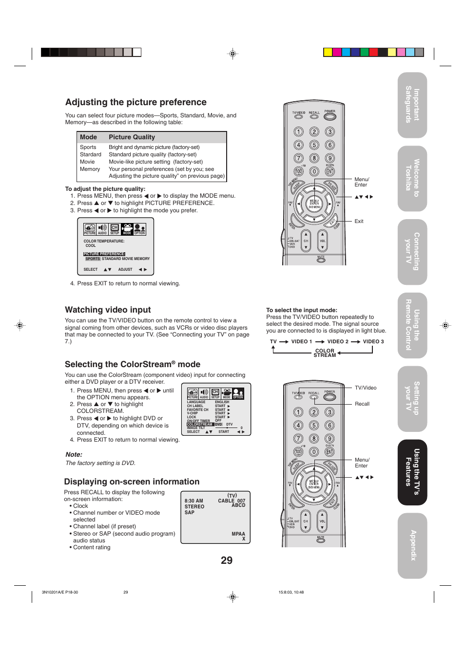 Adjusting the picture preference, Displaying on-screen information, Watching video input | Selecting the colorstream, Mode | Toshiba 27AF53 User Manual | Page 29 / 38