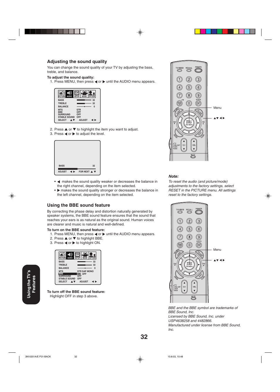Adjusting the sound quality, Using the bbe sound feature, Using the tv ’s features | Toshiba 27AF53 User Manual | Page 32 / 38