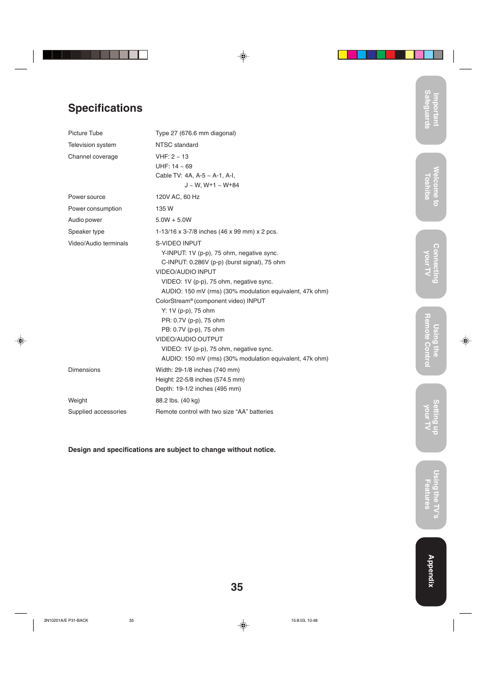 Specifictions, Specifications | Toshiba 27AF53 User Manual | Page 35 / 38
