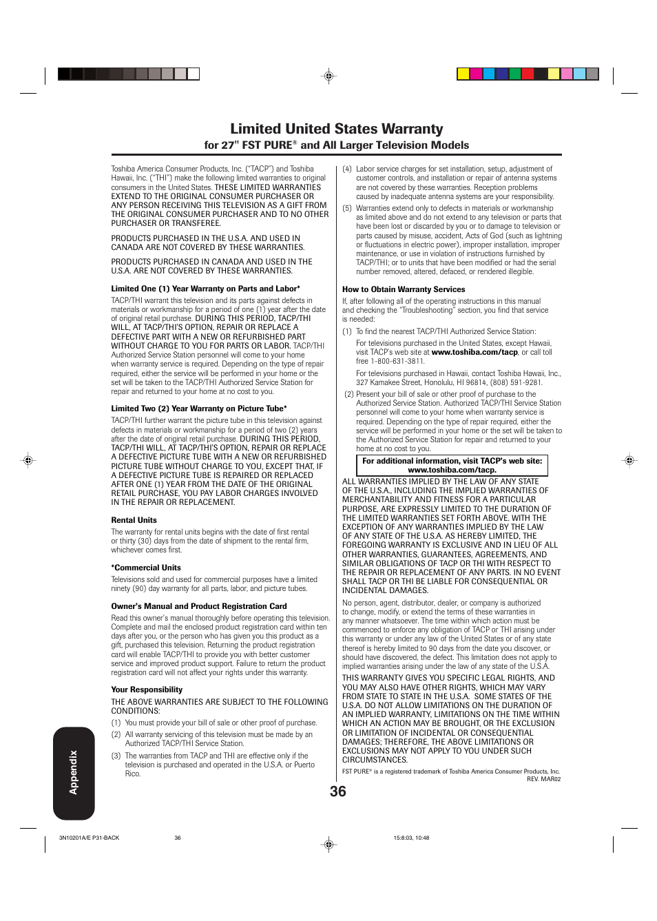 Limited warranty - united states, Limited united states warranty, For 27'' fst pure | And all larger television models | Toshiba 27AF53 User Manual | Page 36 / 38