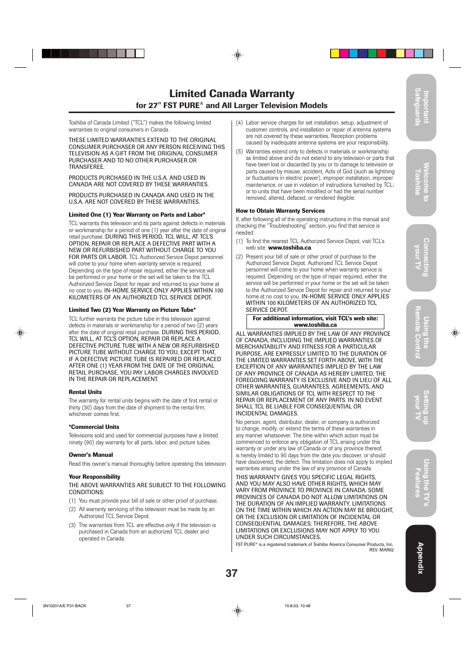 Limited warranty - canada, Limited canada warranty, For 27'' fst pure | And all larger television models | Toshiba 27AF53 User Manual | Page 37 / 38