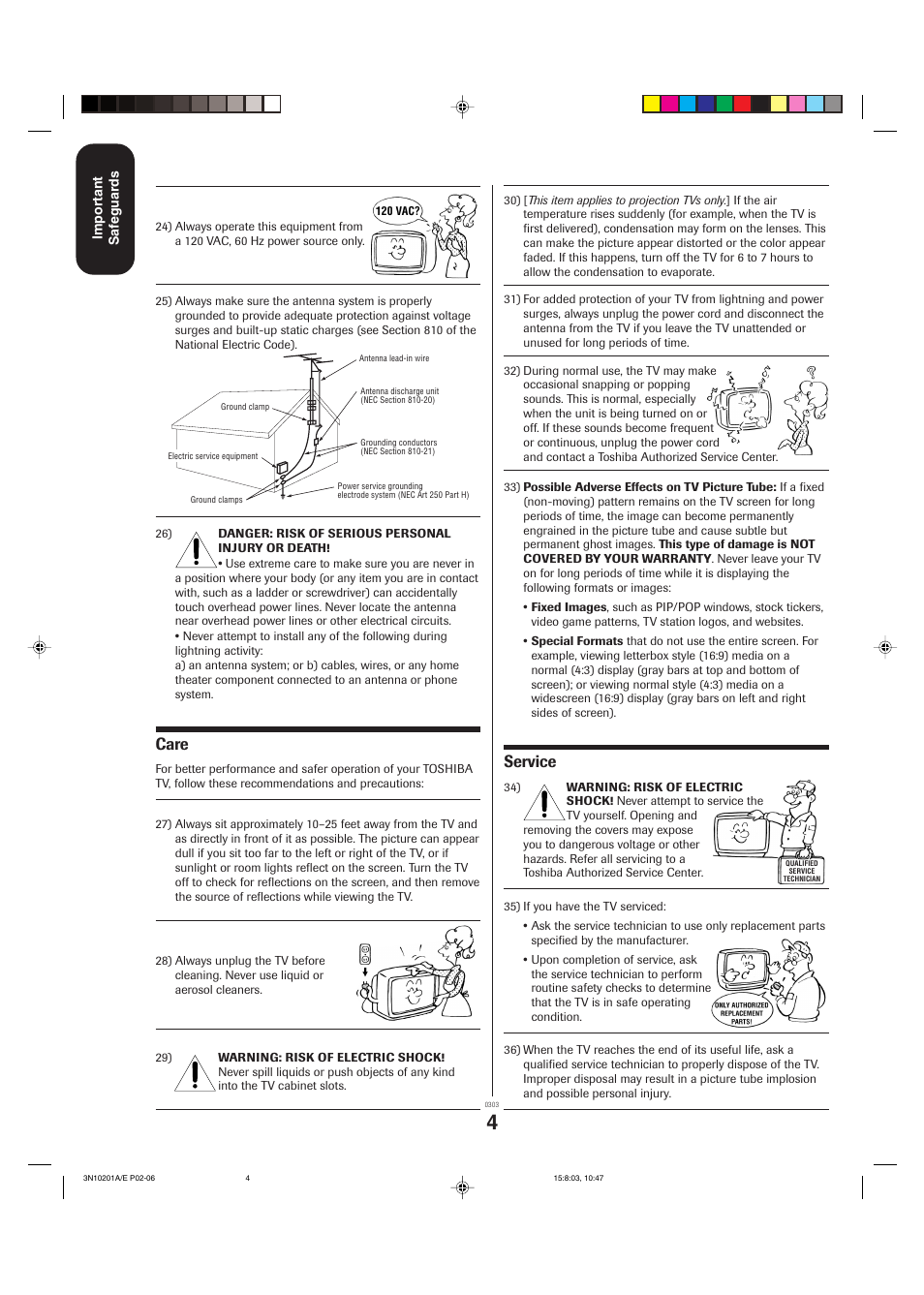 Care, Service | Toshiba 27AF53 User Manual | Page 4 / 38