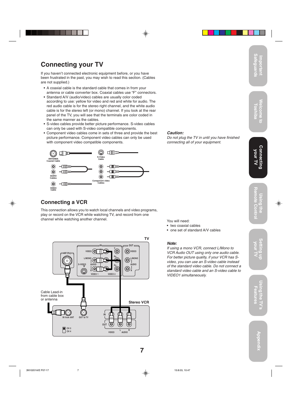 Connecting your tv, Connecting a vcr | Toshiba 27AF53 User Manual | Page 7 / 38