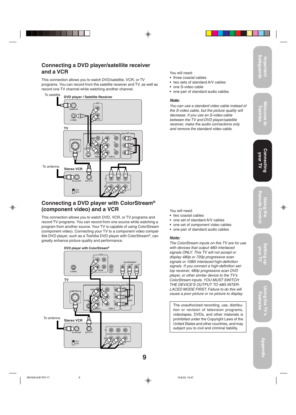 Dvd player/satellite receiver and a vcr, Dvd player with colorstream and a vcr, Connecting a dvd player with colorstream | Component video) and a vcr, Connecting your tv | Toshiba 27AF53 User Manual | Page 9 / 38