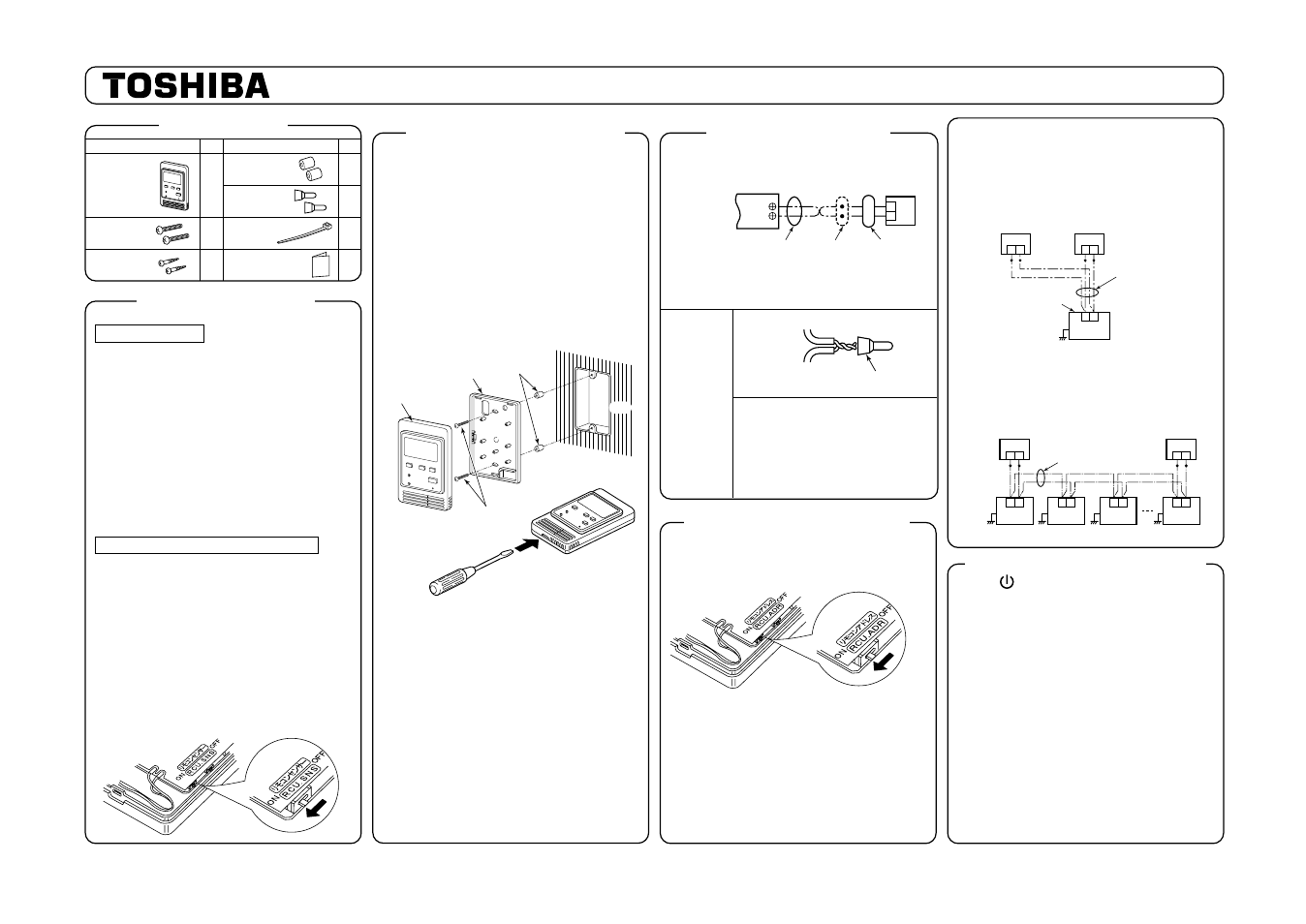 Installation manual, Accessory parts, Remote controller test run setup | Requirement to install the remote controller, How to install the remote controller switch, How to perform cabling of the remote controller | Toshiba R410A User Manual | Page 82 / 88