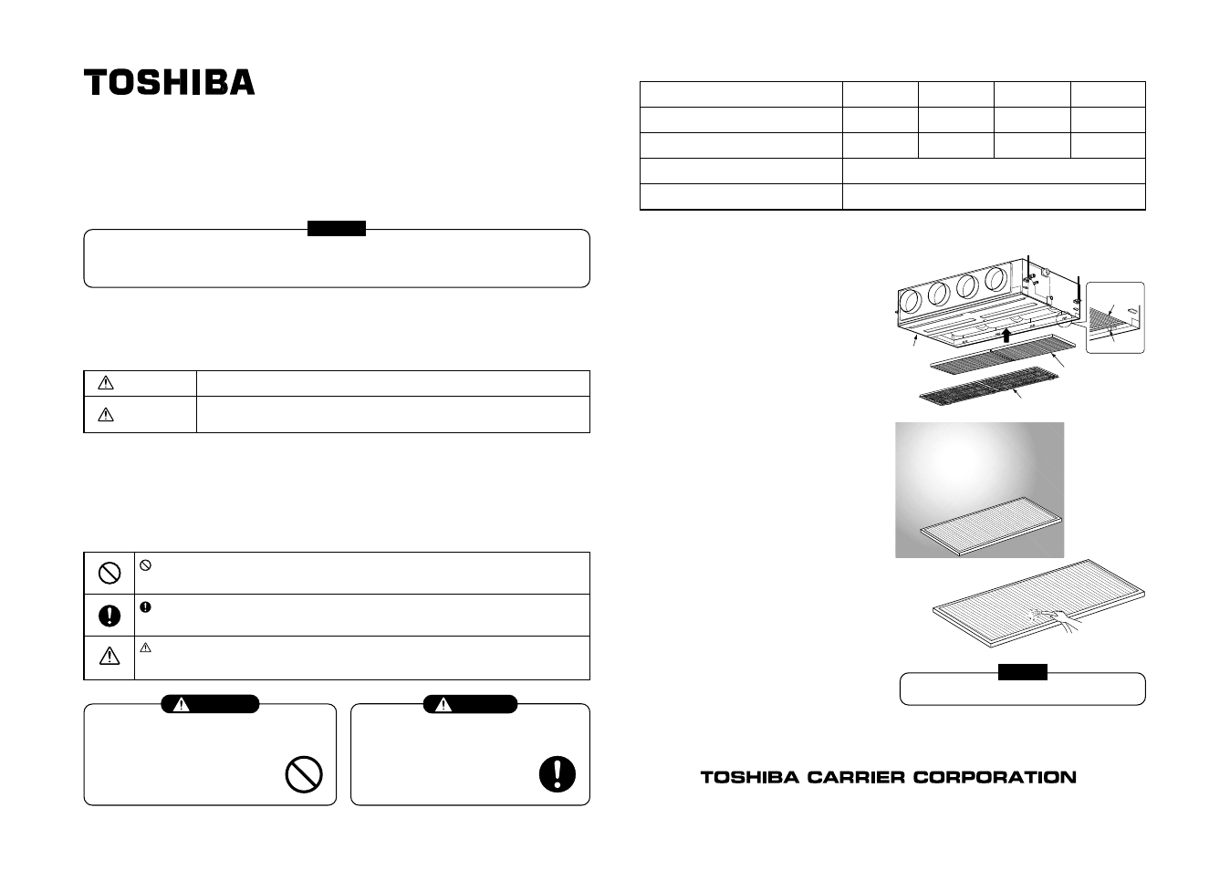 Concealed duct type, Zeolite-3g deodorant filter installation manual, Safety cautions | Installation of filter sold separately, Maintenance of filter sold separately, Specifications | Toshiba R410A User Manual | Page 85 / 88