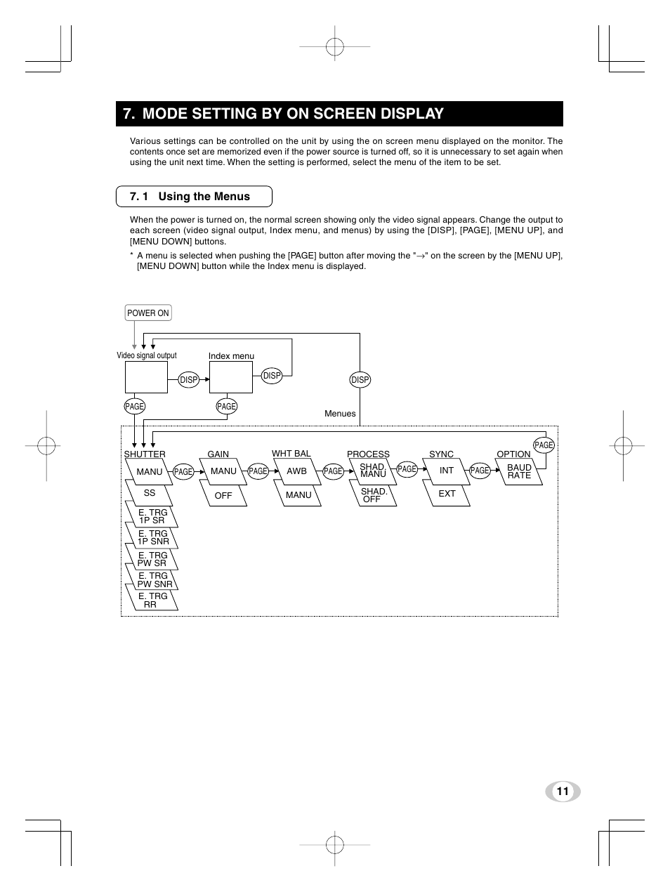 Mode setting by on screen display, 1 using the menus | Toshiba IK-TF9U User Manual | Page 11 / 34