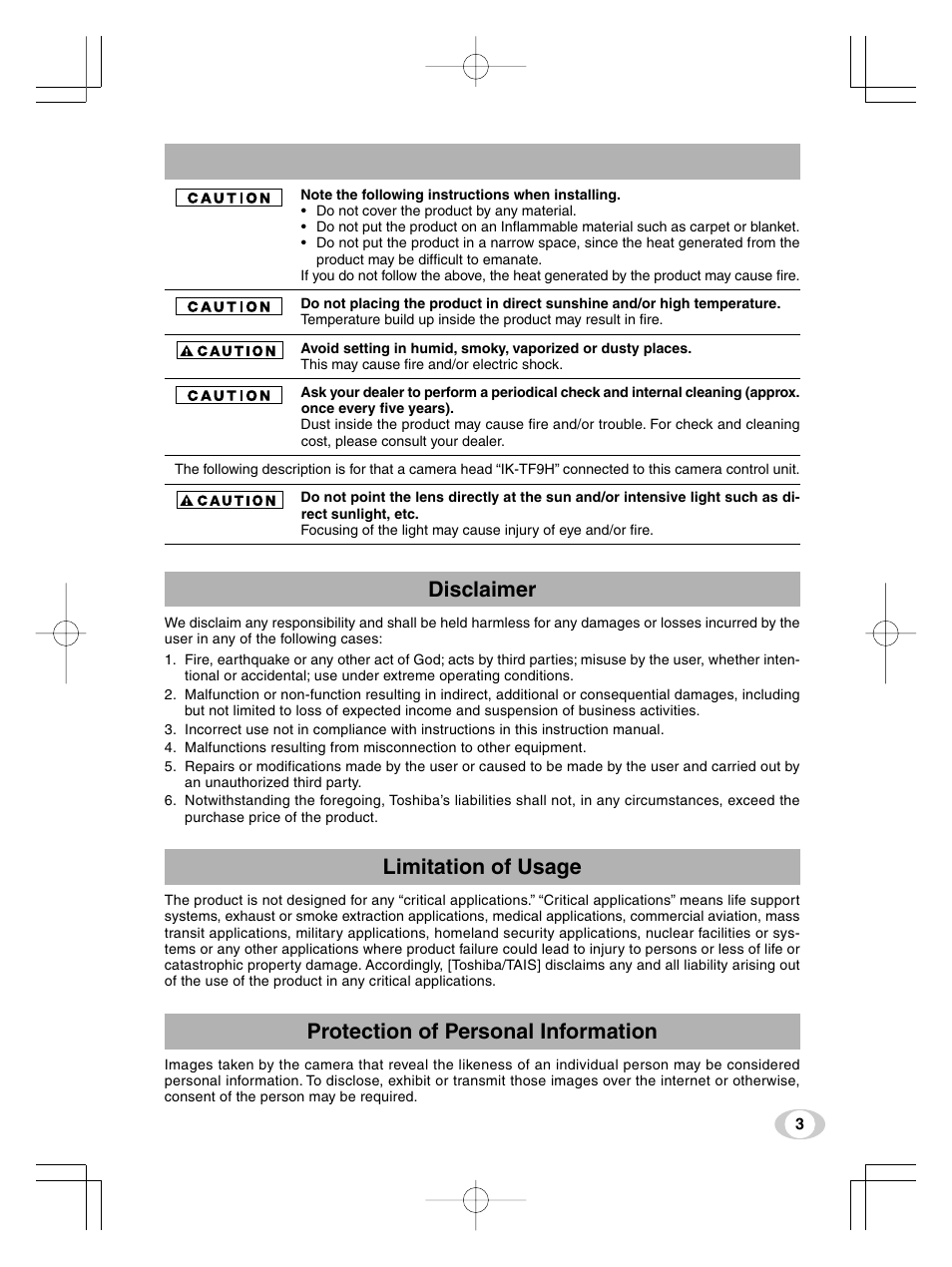 Disclaimer, Limitation of usage, Protection of personal information | Toshiba IK-TF9U User Manual | Page 3 / 34