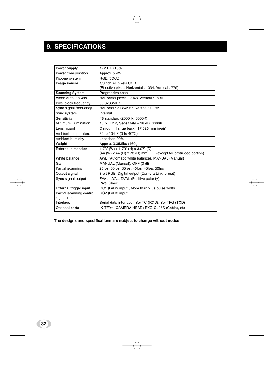 Specifications | Toshiba IK-TF9U User Manual | Page 32 / 34