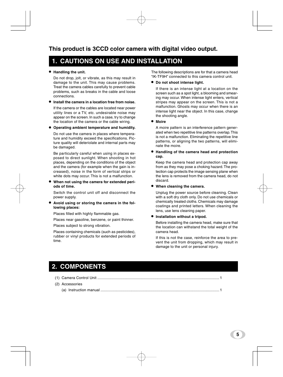 Cautions on use and installation, Components | Toshiba IK-TF9U User Manual | Page 5 / 34