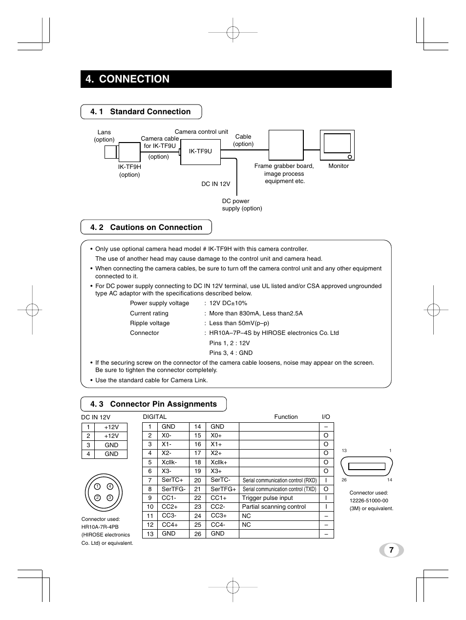 Connection, 1 standard connection, 2 cautions on connection | 3 connector pin assignments | Toshiba IK-TF9U User Manual | Page 7 / 34