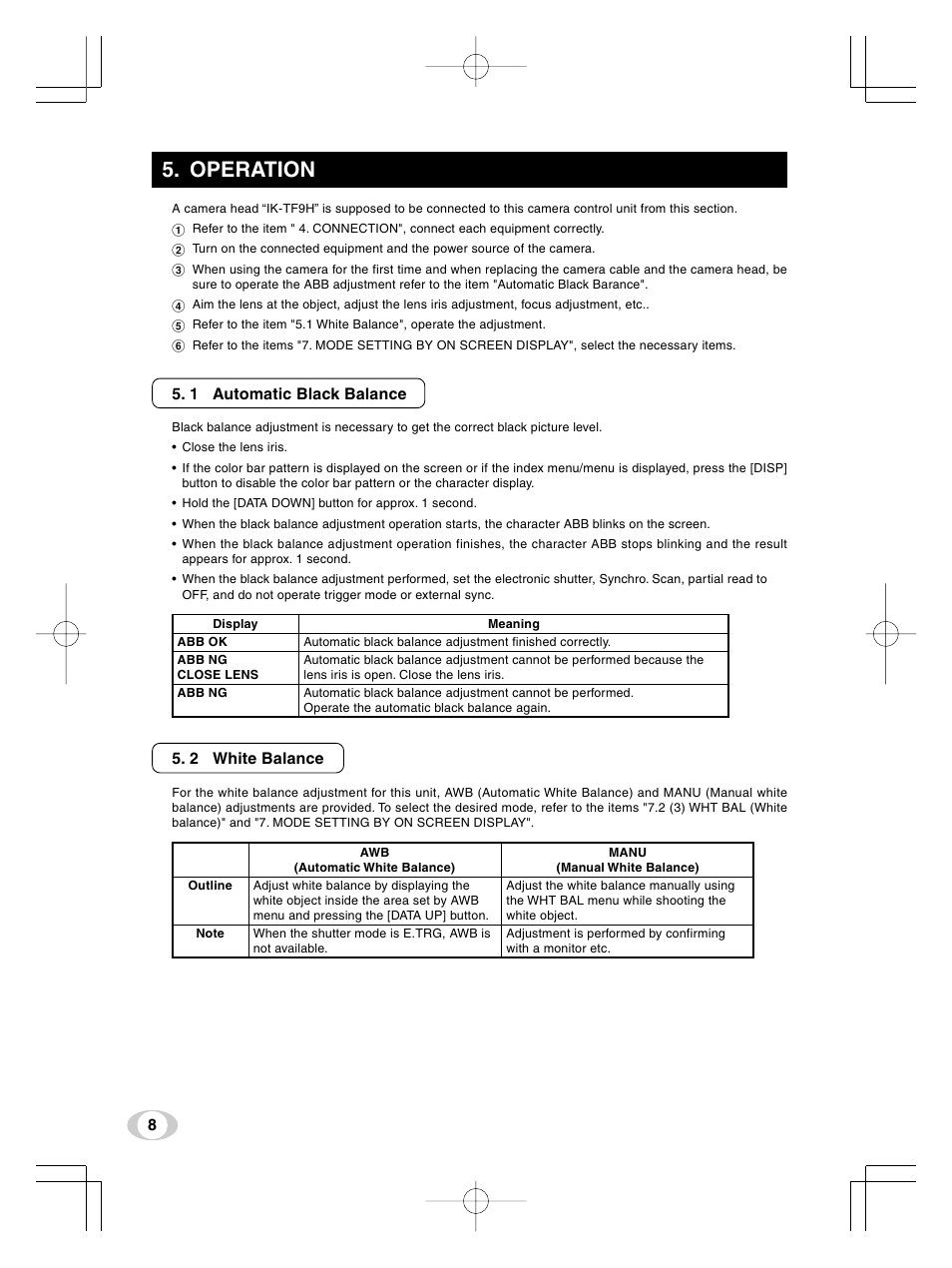 Operation, 1 automatic black balance, 2 white balance | Toshiba IK-TF9U User Manual | Page 8 / 34