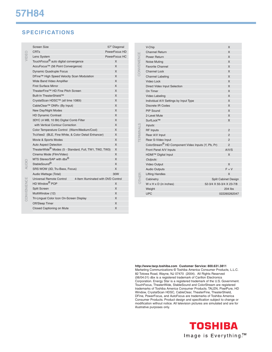 57h84 | Toshiba 57H84 User Manual | Page 2 / 2