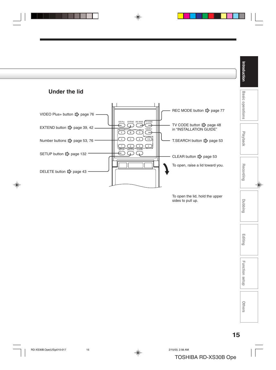 Under the lid, Toshiba rd-xs30b ope | Toshiba RD-XS30B User Manual | Page 15 / 60