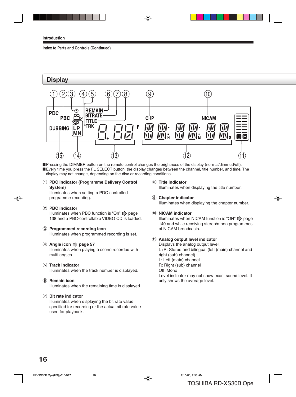 Display | Toshiba RD-XS30B User Manual | Page 16 / 60