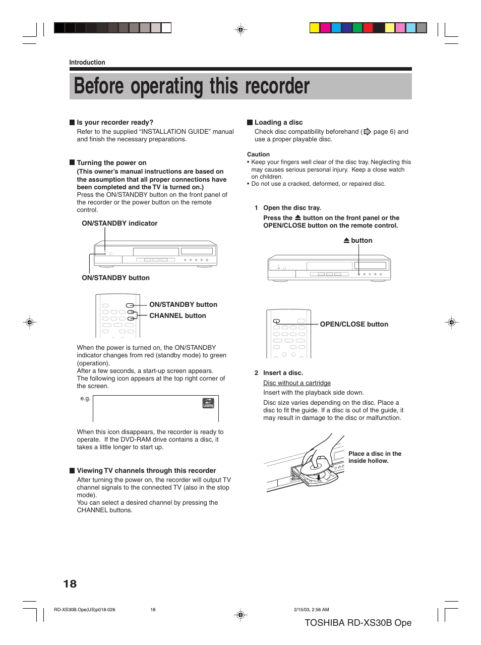 Before operating this recorder, Toshiba rd-xs30b ope | Toshiba RD-XS30B User Manual | Page 18 / 60