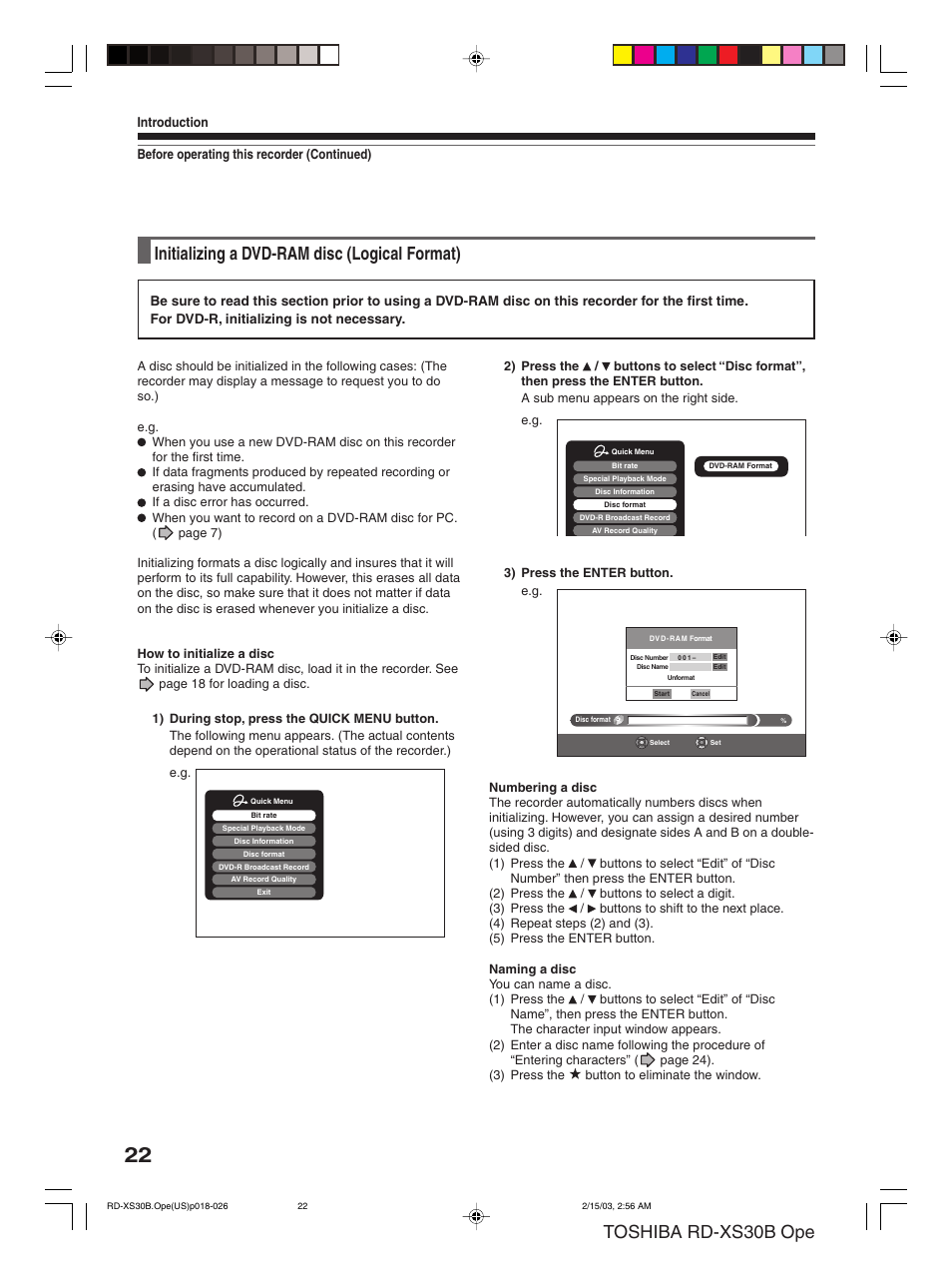 Toshiba rd-xs30b ope, Initializing a dvd-ram disc (logical format) | Toshiba RD-XS30B User Manual | Page 22 / 60