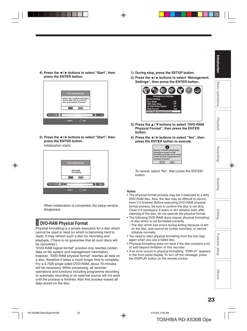 Toshiba rd-xs30b ope, Dvd-ram physical format | Toshiba RD-XS30B User Manual | Page 23 / 60