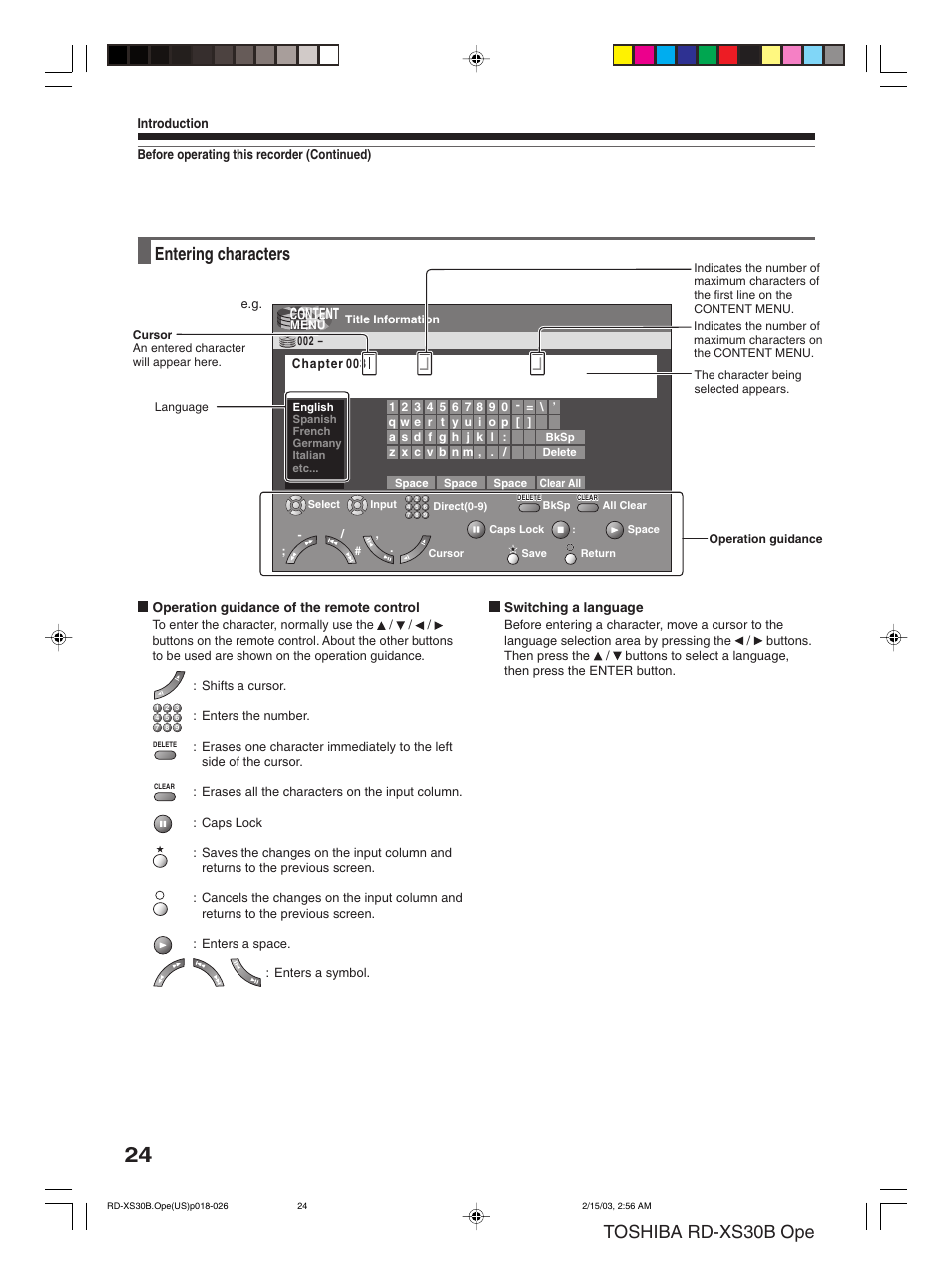 Toshiba rd-xs30b ope, Entering characters, Content | Toshiba RD-XS30B User Manual | Page 24 / 60