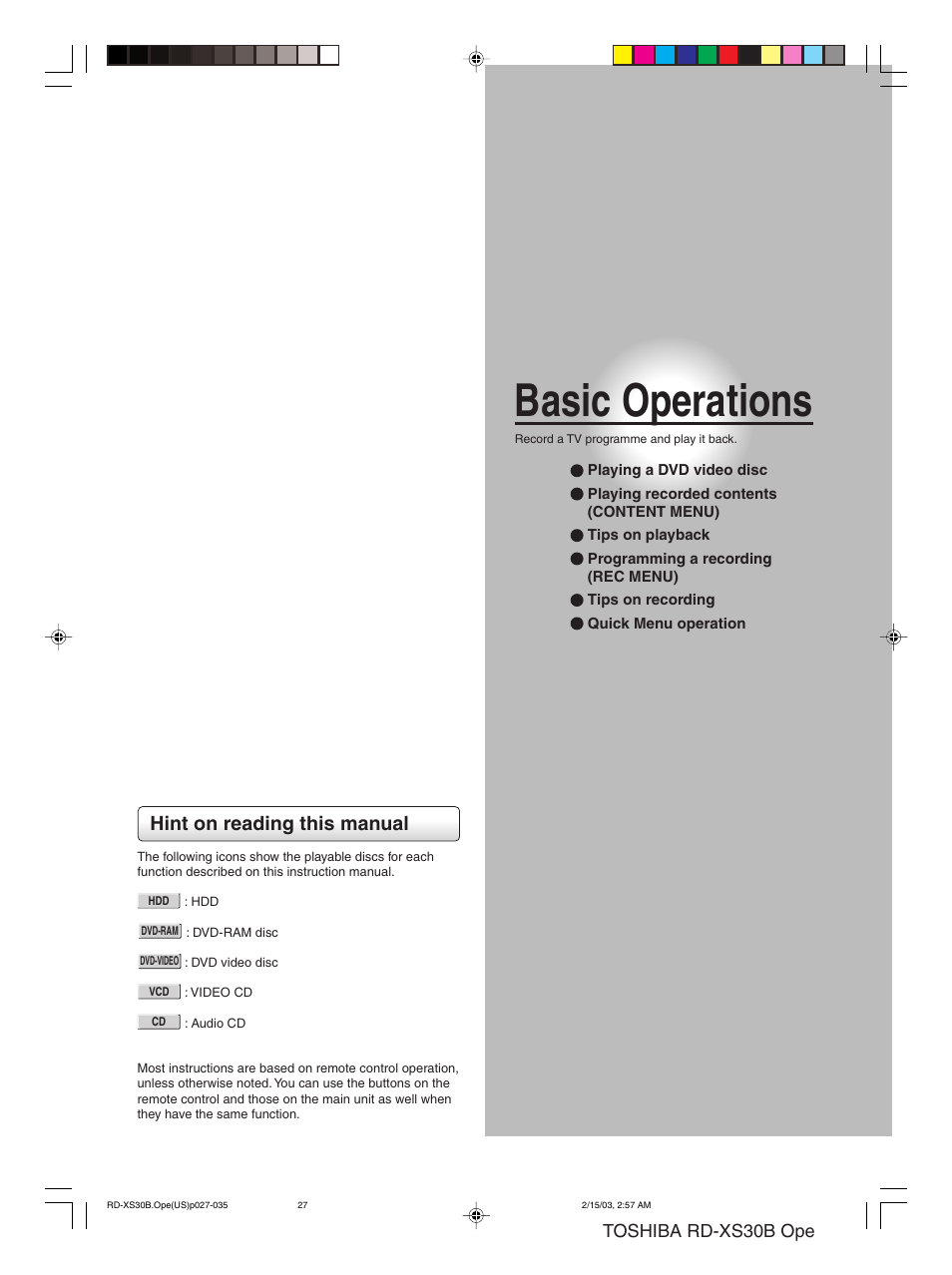 Basic operations, Hint on reading this manual, Toshiba rd-xs30b ope | Toshiba RD-XS30B User Manual | Page 27 / 60