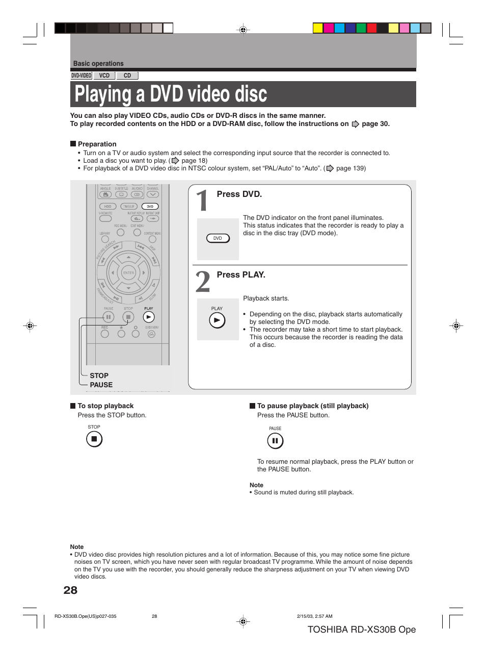 Playing a dvd video disc | Toshiba RD-XS30B User Manual | Page 28 / 60