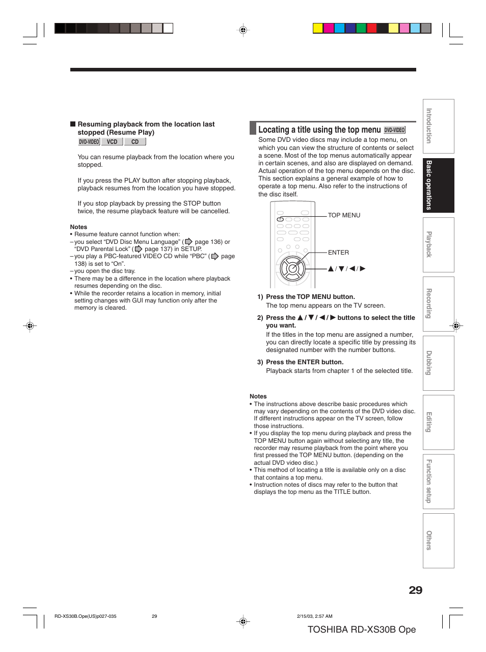 Toshiba rd-xs30b ope, Locating a title using the top menu | Toshiba RD-XS30B User Manual | Page 29 / 60