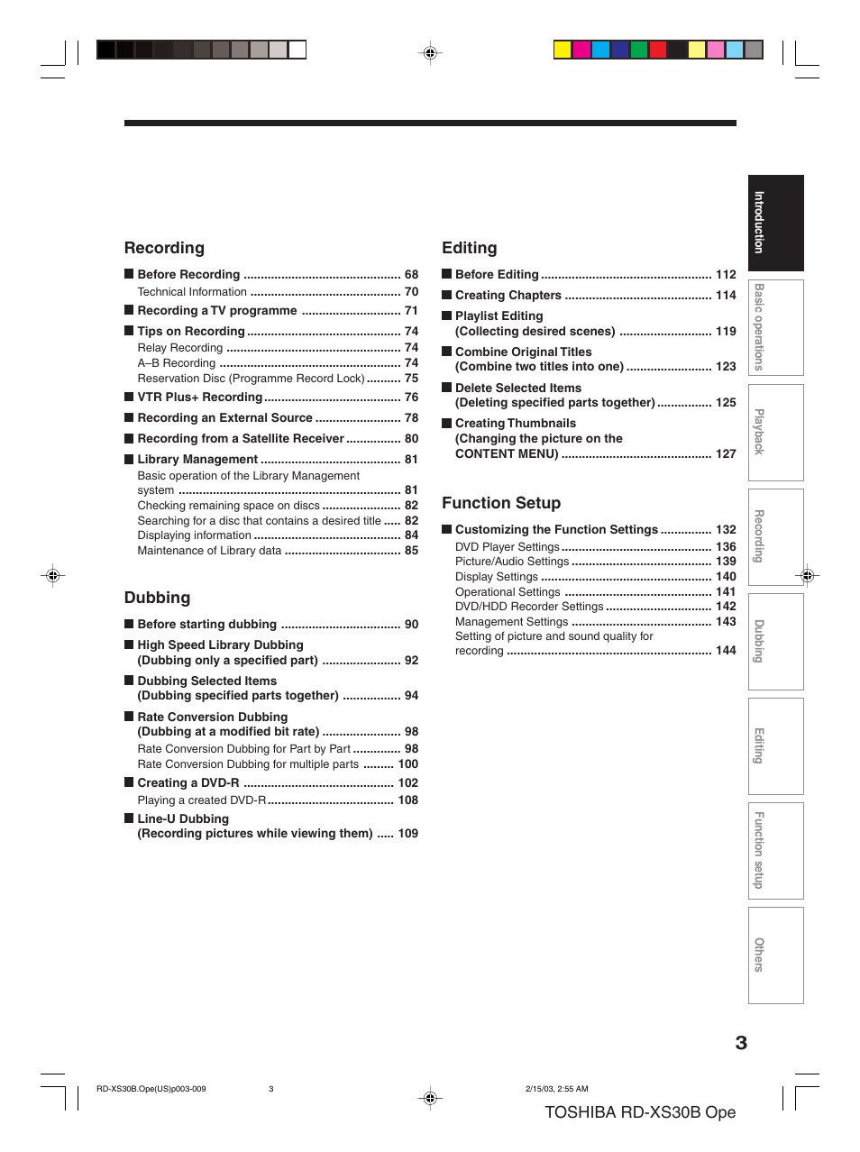 Toshiba rd-xs30b ope editing, Function setup, Recording | Dubbing | Toshiba RD-XS30B User Manual | Page 3 / 60