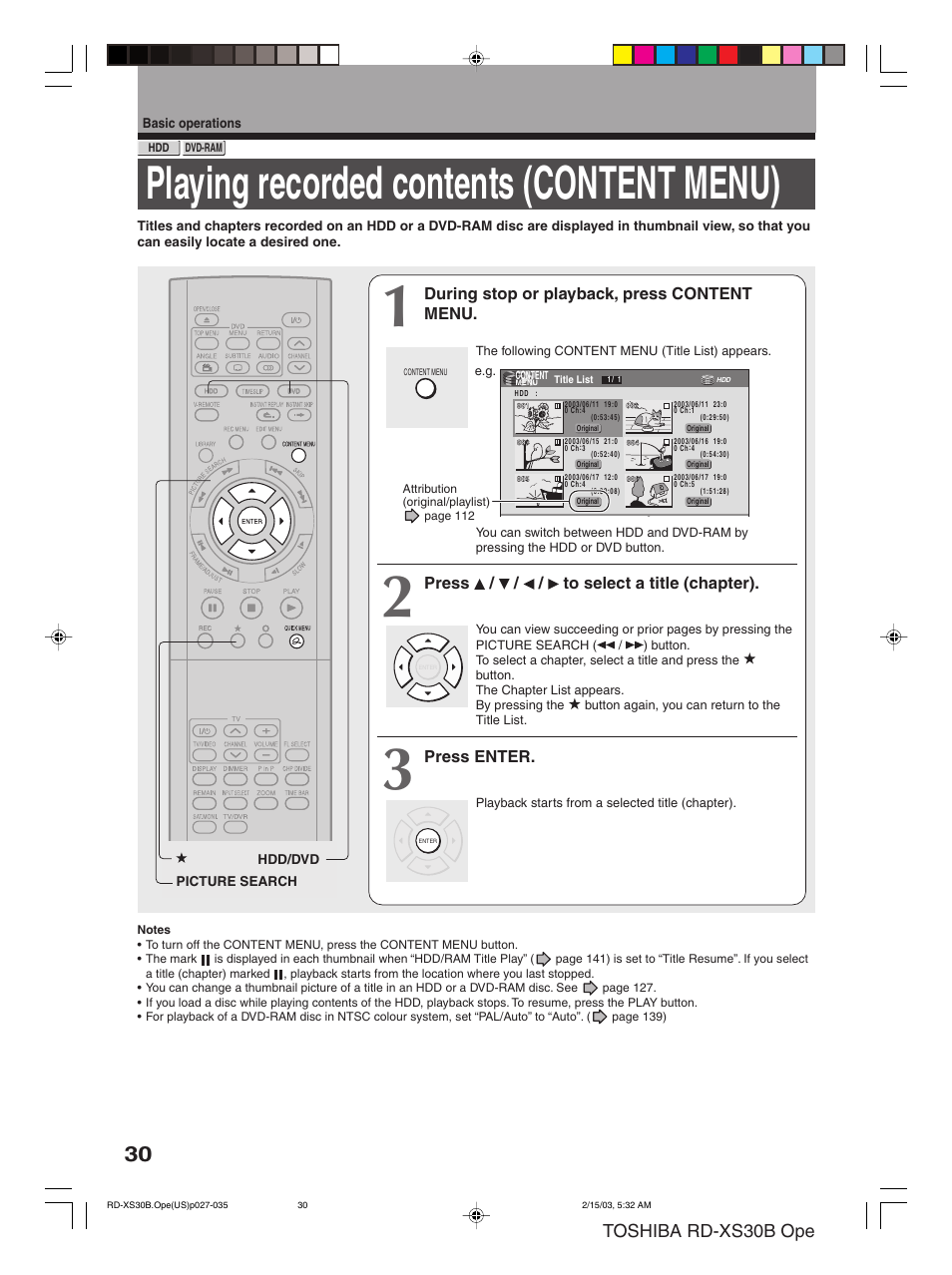 Playing recorded contents (content menu), Toshiba rd-xs30b ope, During stop or playback, press content menu | Press / / / to select a title (chapter), Press enter | Toshiba RD-XS30B User Manual | Page 30 / 60