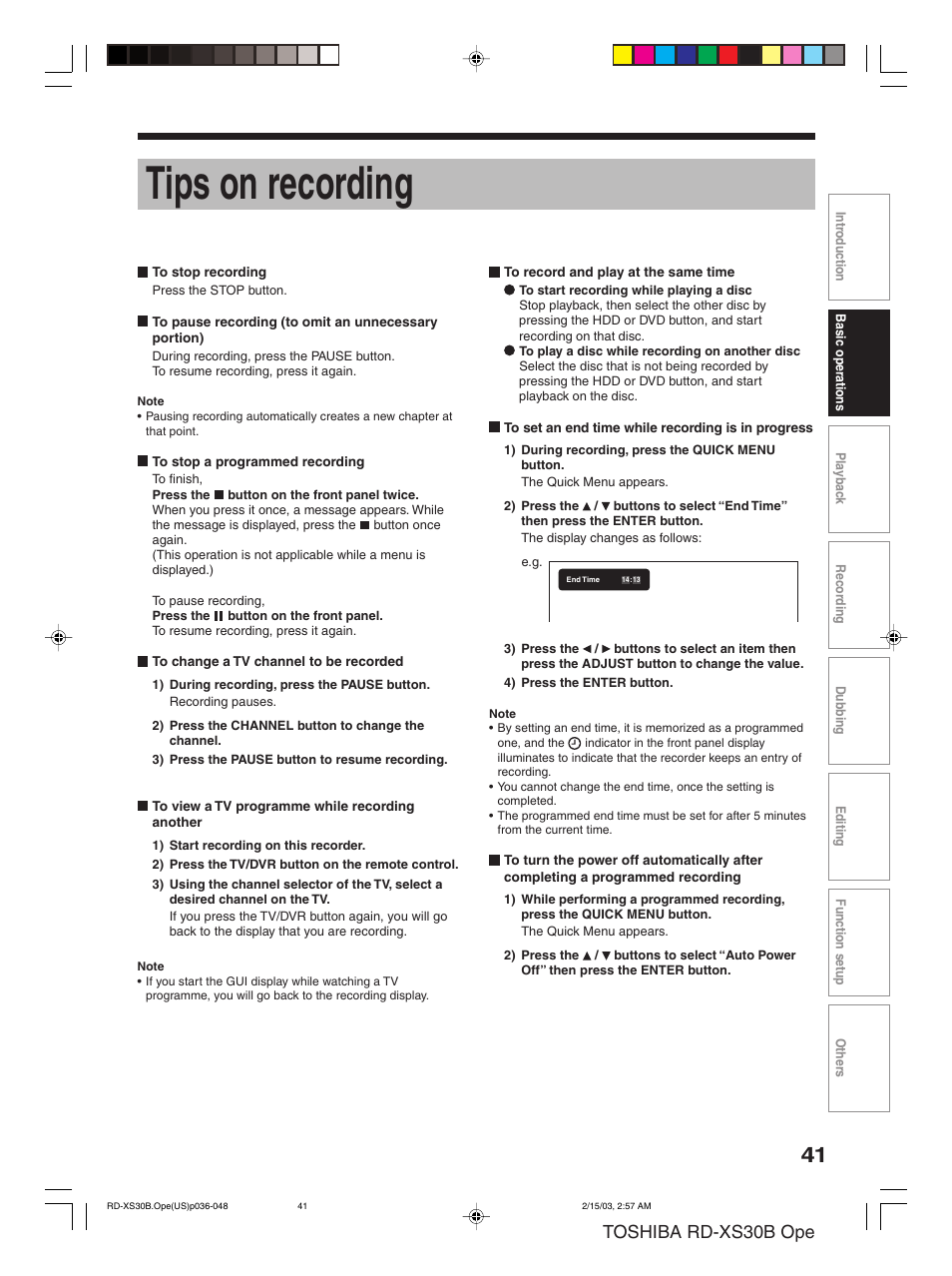 Tips on recording, Toshiba rd-xs30b ope | Toshiba RD-XS30B User Manual | Page 41 / 60