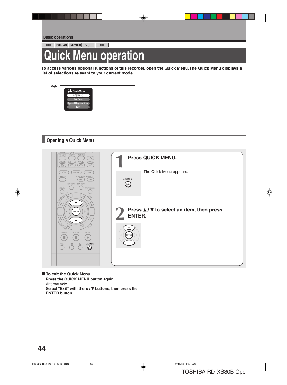 Quick menu operation | Toshiba RD-XS30B User Manual | Page 44 / 60