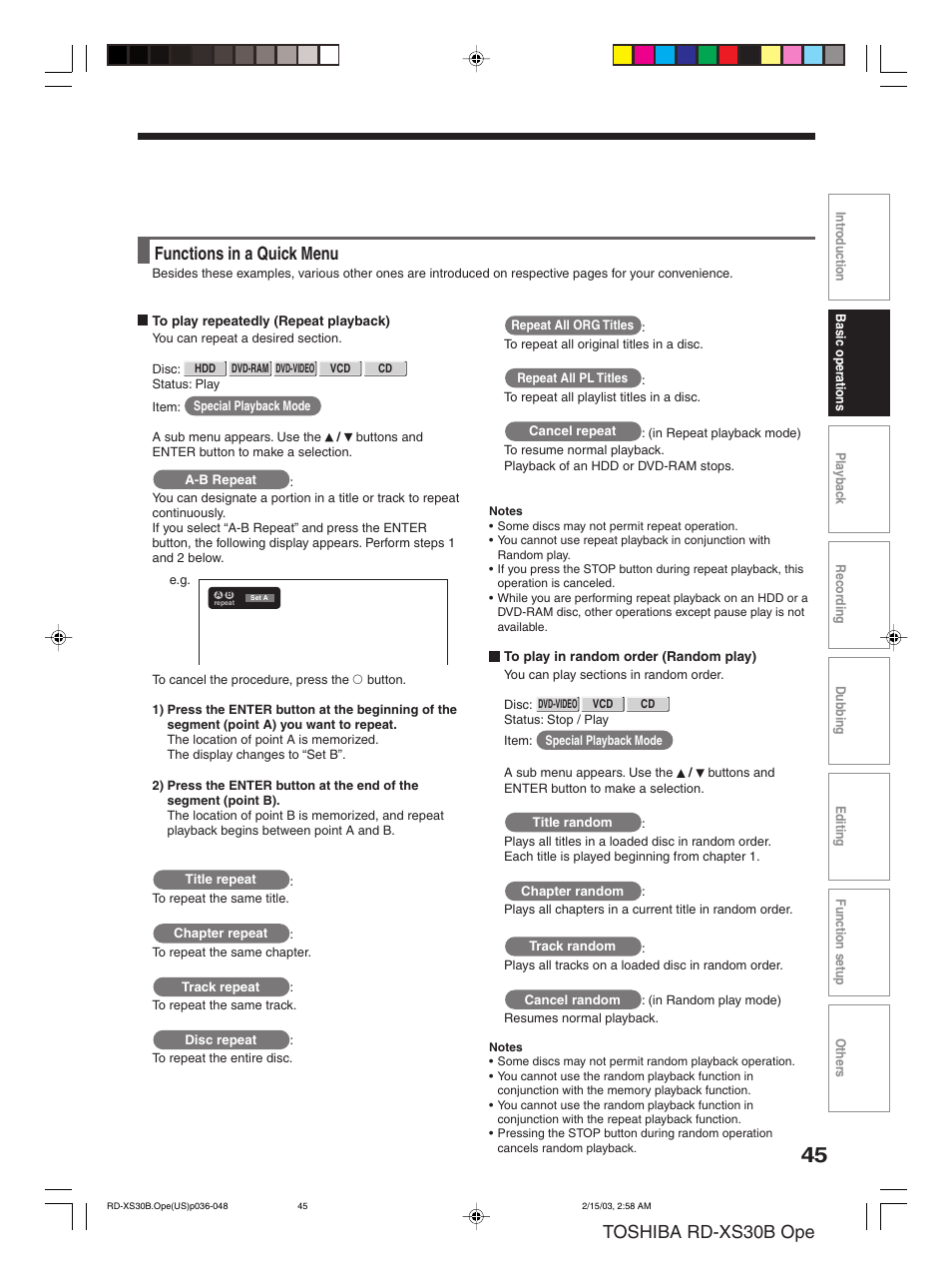 Toshiba rd-xs30b ope, Functions in a quick menu | Toshiba RD-XS30B User Manual | Page 45 / 60