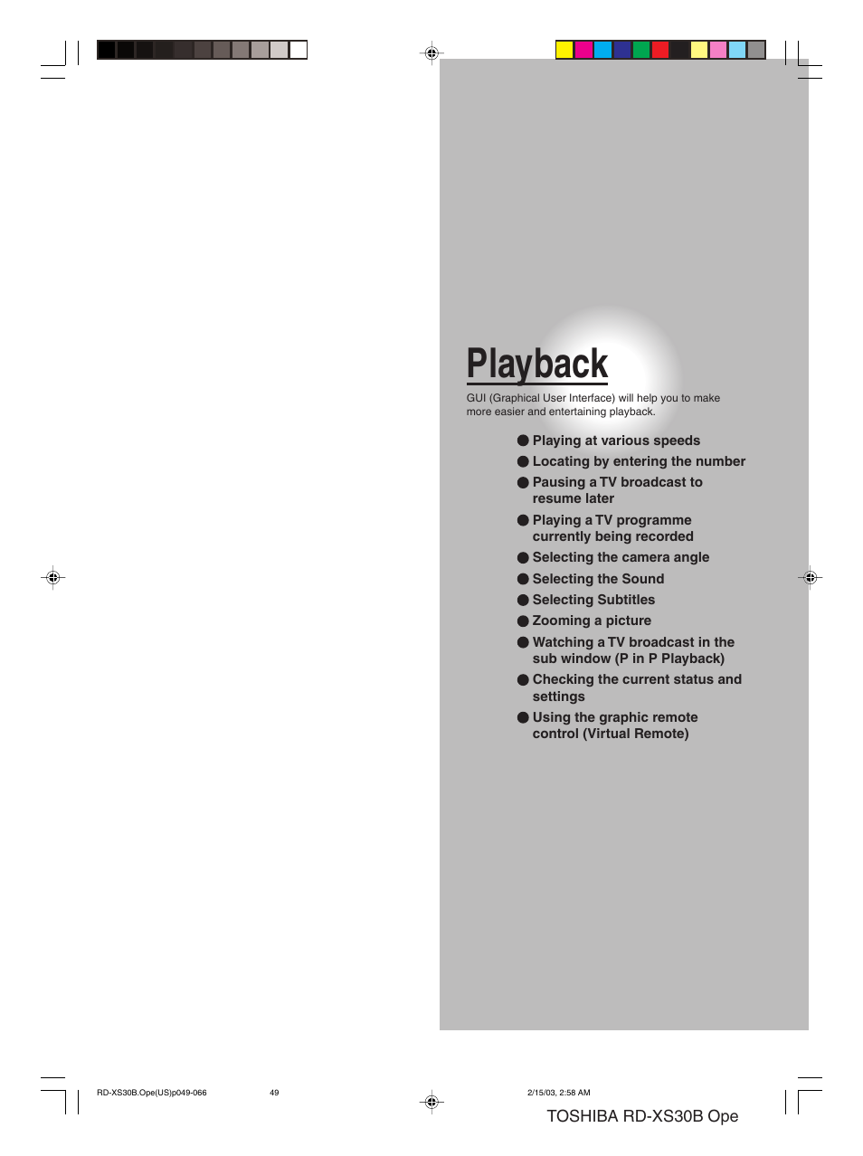 Playback | Toshiba RD-XS30B User Manual | Page 49 / 60