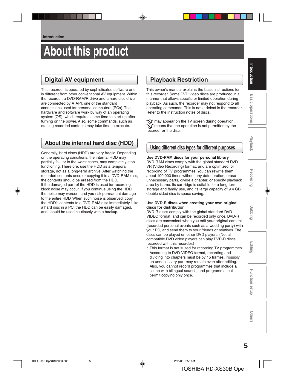 About this product, Digital av equipment, About the internal hard disc (hdd) | Playback restriction, Using different disc types for different purposes, Toshiba rd-xs30b ope | Toshiba RD-XS30B User Manual | Page 5 / 60