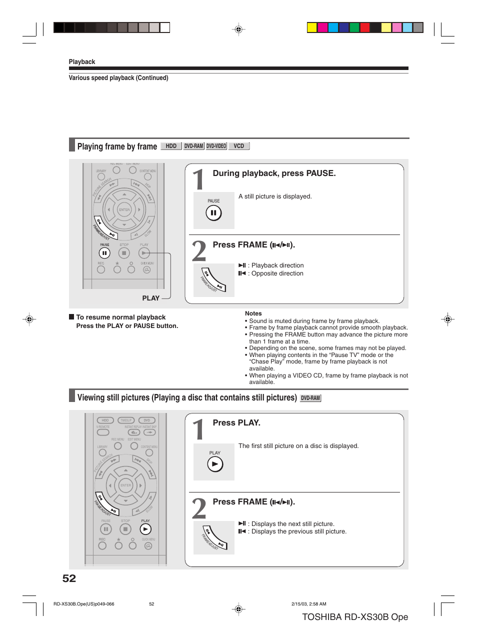 Toshiba rd-xs30b ope, Playing frame by frame, During playback, press pause | Press frame ( / ), Press play | Toshiba RD-XS30B User Manual | Page 52 / 60