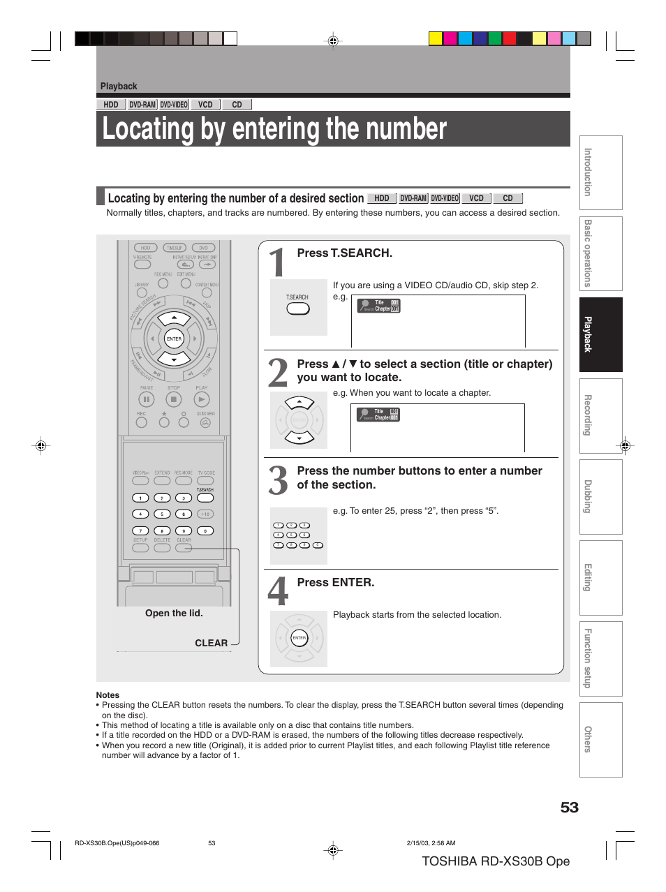 Locating by entering the number, Toshiba rd-xs30b ope | Toshiba RD-XS30B User Manual | Page 53 / 60