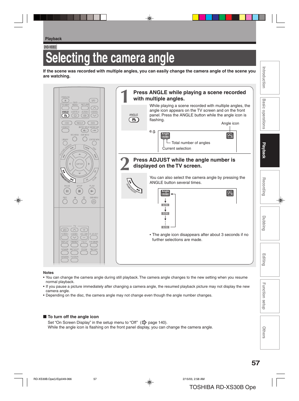 Selecting the camera angle, Toshiba rd-xs30b ope | Toshiba RD-XS30B User Manual | Page 57 / 60