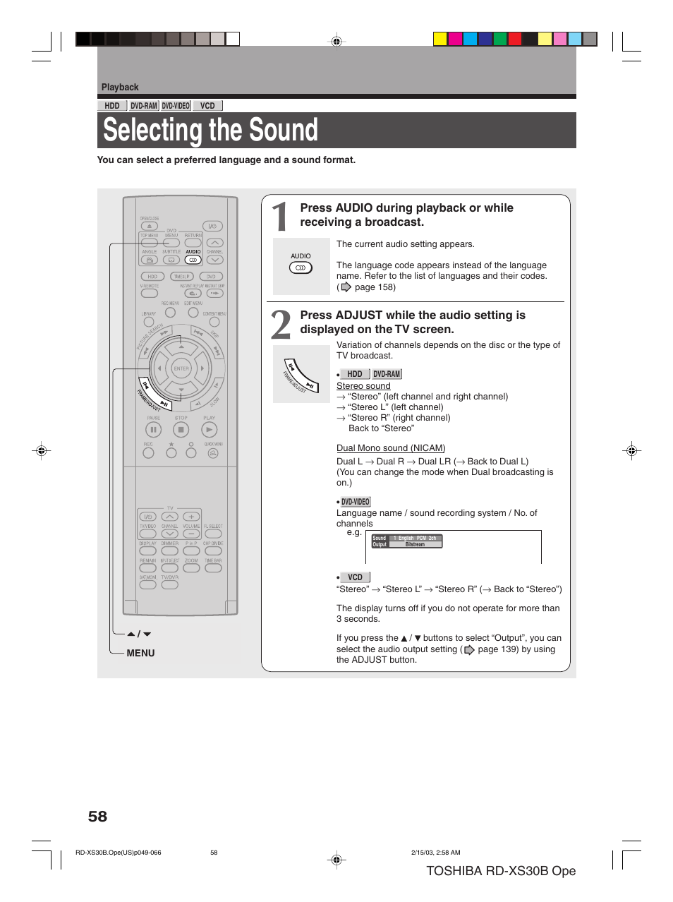 Selecting the sound, Toshiba rd-xs30b ope | Toshiba RD-XS30B User Manual | Page 58 / 60