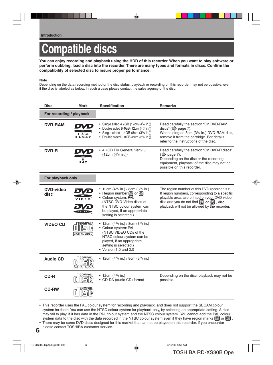 Compatible discs, Toshiba rd-xs30b ope | Toshiba RD-XS30B User Manual | Page 6 / 60