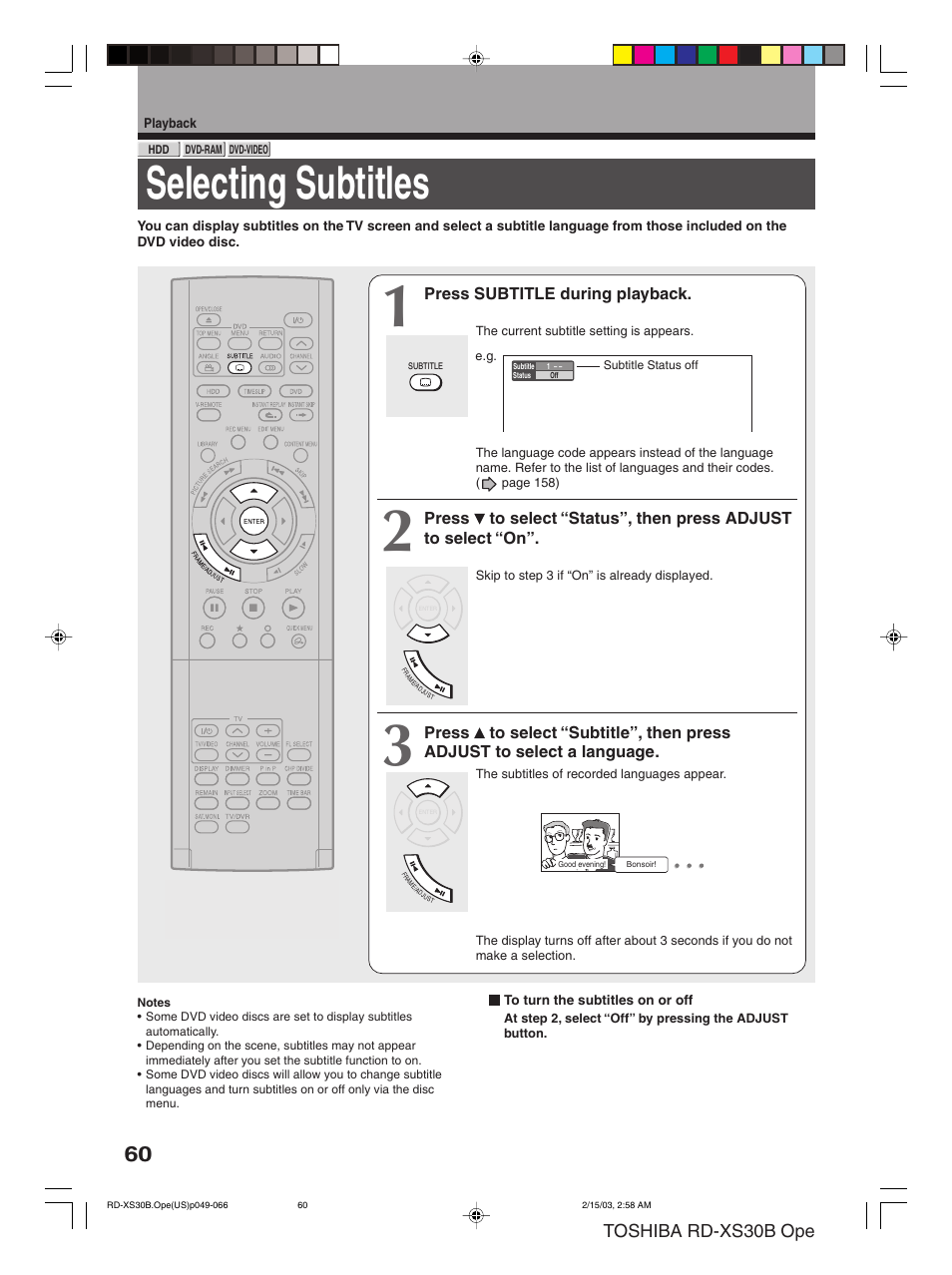 Selecting subtitles, Toshiba rd-xs30b ope | Toshiba RD-XS30B User Manual | Page 60 / 60