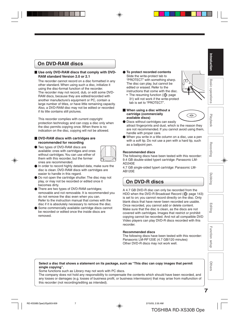 On dvd-ram discs, On dvd-r discs, Toshiba rd-xs30b ope | Toshiba RD-XS30B User Manual | Page 7 / 60