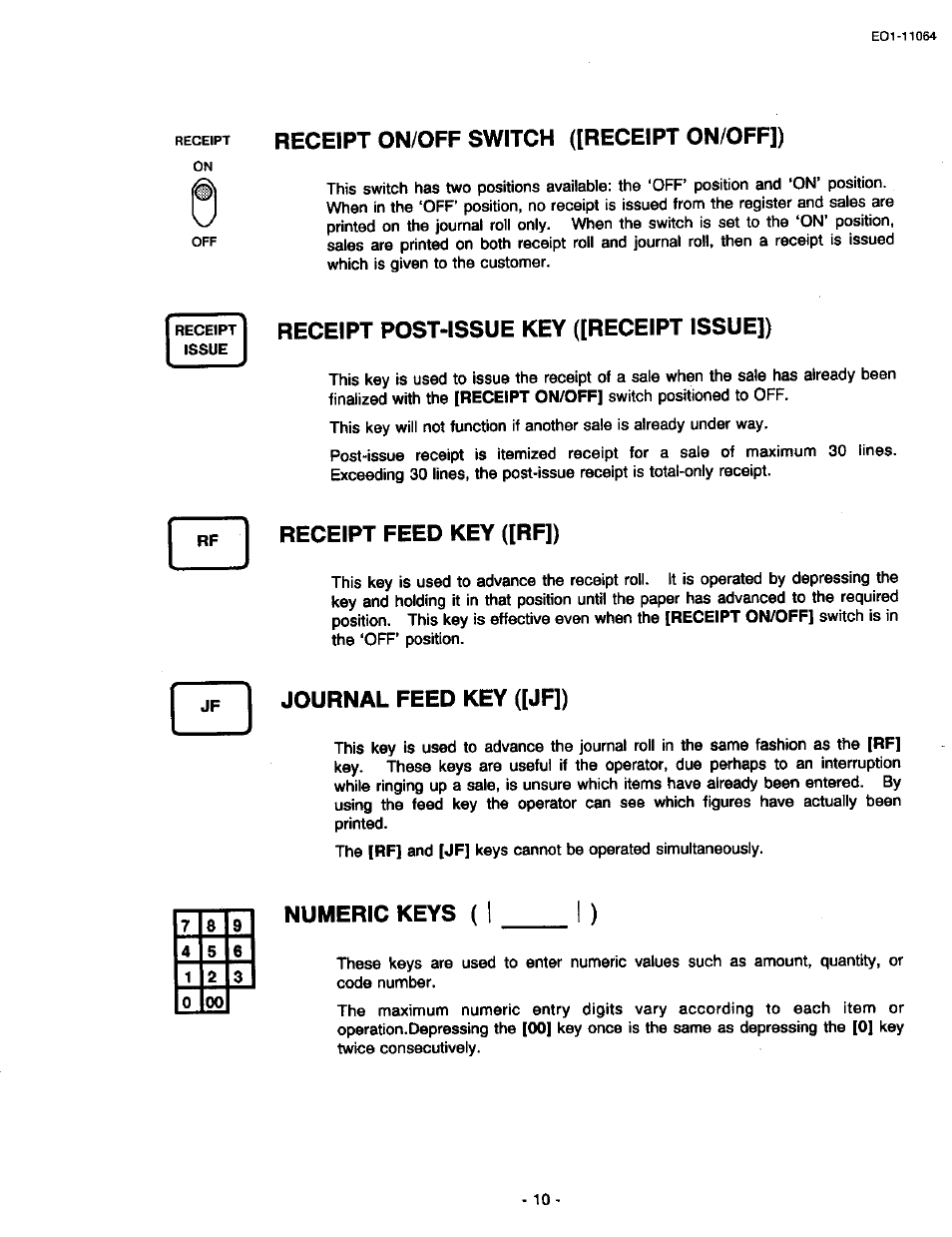 Receipt on/off switch ([receipt on/off]), Receipt post-issue key ([receipt issue]), Receipt feed key ([rf]) | Journal feed key ([jf]), Numeric keys ( ) | Toshiba TEC MA-1300 User Manual | Page 14 / 98