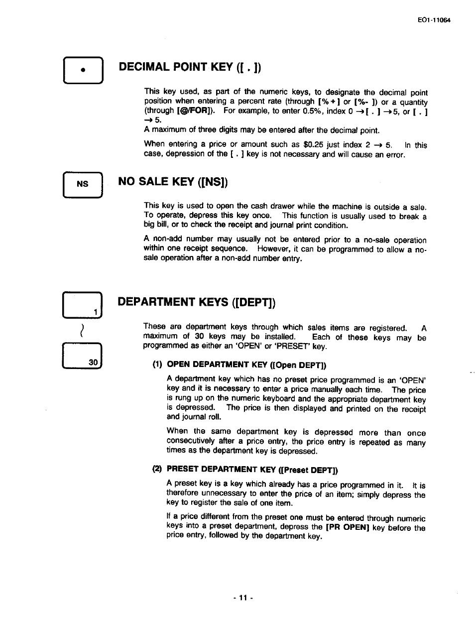 Decimal point key ([. ]), No sale key ([ns]), Department keys ([dept]) | 1) open department key ([open dept]), 2) preset department key ([preset dept]) | Toshiba TEC MA-1300 User Manual | Page 15 / 98