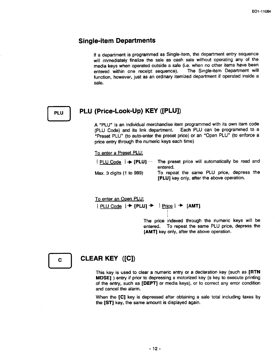 Single-item departments, Plu (price-look-up) key ([plu]), Clear key ([c]) | Toshiba TEC MA-1300 User Manual | Page 16 / 98