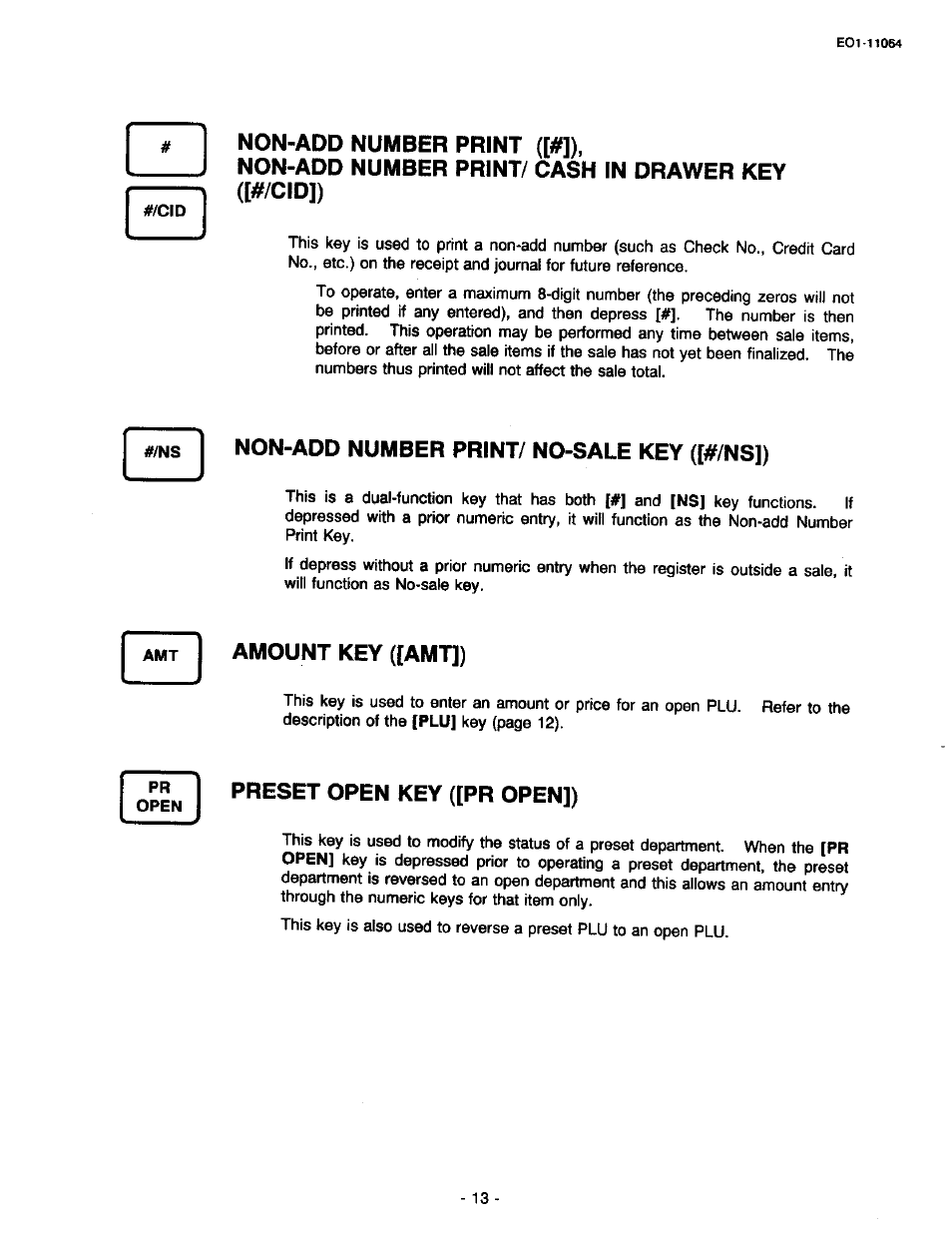 Non-add number print ([#]), Non-add number print/ cash in drawer key ([#/cid]), Non-add number print/ no-sale key ([#/ns]) | Amount key ([amt]), Preset open key ([pr open]) | Toshiba TEC MA-1300 User Manual | Page 17 / 98