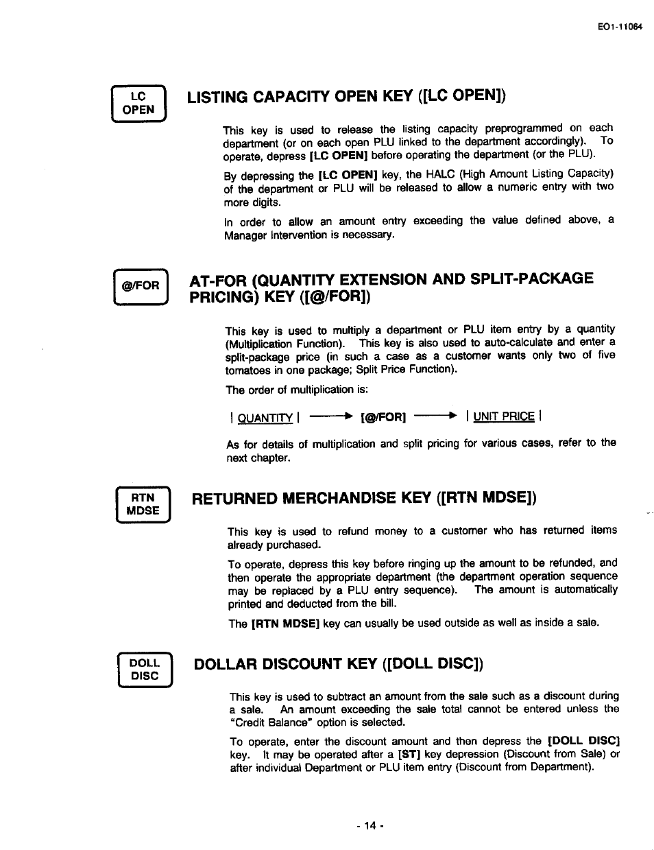 Listing capacity open key ([lc open]), Returned merchandise key ([rtn mdse]), Dollar discount key ([doll disc]) | At-for (quantity extension and split-package, Pricing) key d@/for]) | Toshiba TEC MA-1300 User Manual | Page 18 / 98