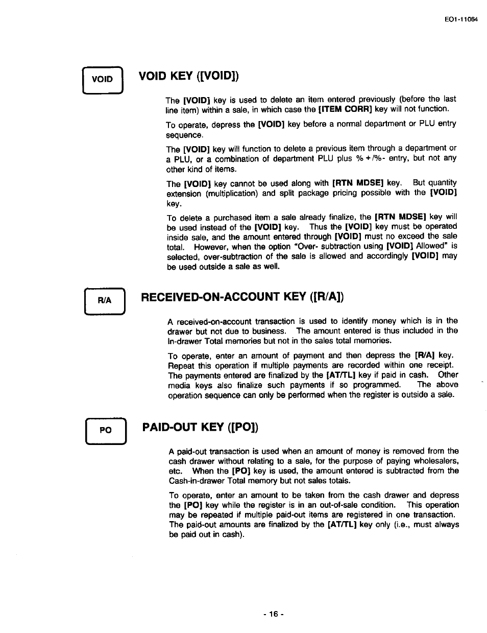 Void key ([void]), Received-on-account key ([r/a]), Paid-out key ([po]) | Toshiba TEC MA-1300 User Manual | Page 20 / 98