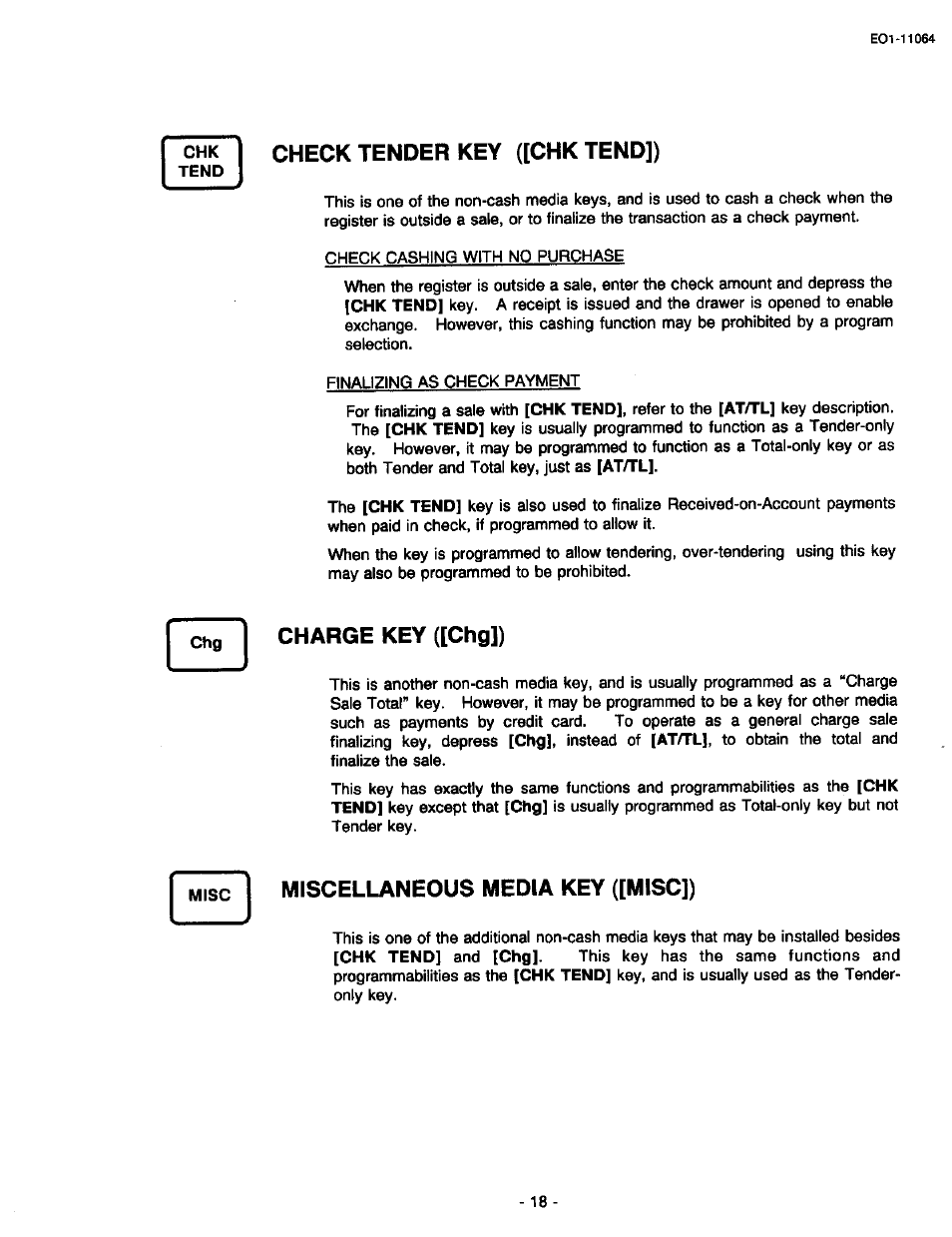 Check tender key ([chk tend]), Charge key ([chg]), Miscellaneous media key ([misc]) | Toshiba TEC MA-1300 User Manual | Page 22 / 98